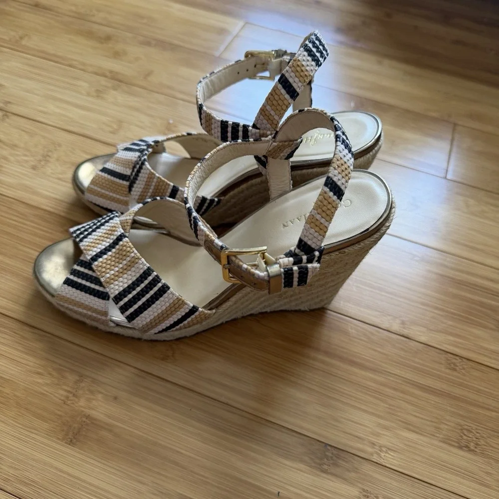 Cole Haan Hart Wedge Sandals Womens 9.5B Striped‎ Espadrille Ankle Strap Gold